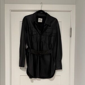 Zara Women's Black Vegan Leather Belted Shirt Jacket